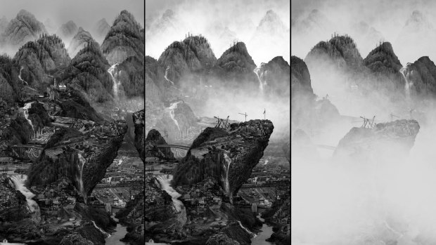Stills from Yang Yongliang's video Rising Mist showing city scenes merged into Chinese mountains gradually dissolving to white as pollution takes over.