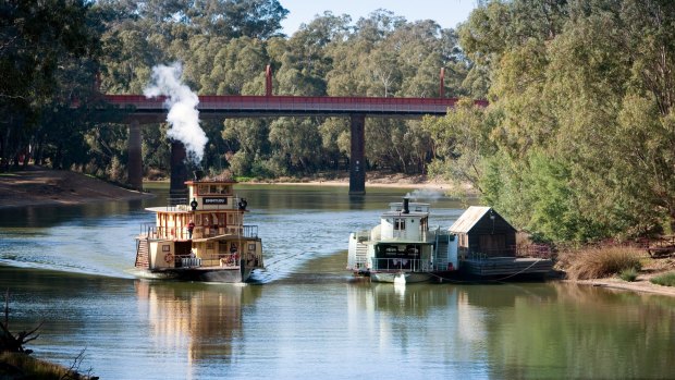 A Murry Paddle steamer comes in to Echuca Wharf.