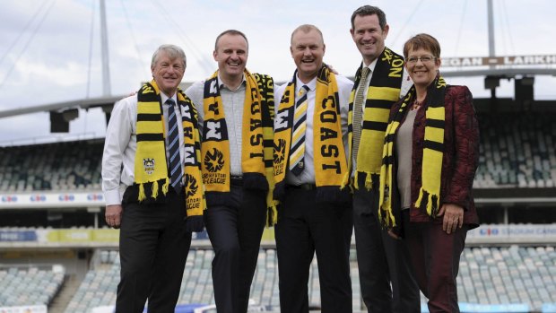 Capital Football president Mark O'Neill, ACT Chief Minister Andrew Barr, Central Coast Mariners boss Shaun Mielekamp, Wellington Phoenix boss David Dome and Wellington mayor Celia Wade-Brown at last year's announcement. 