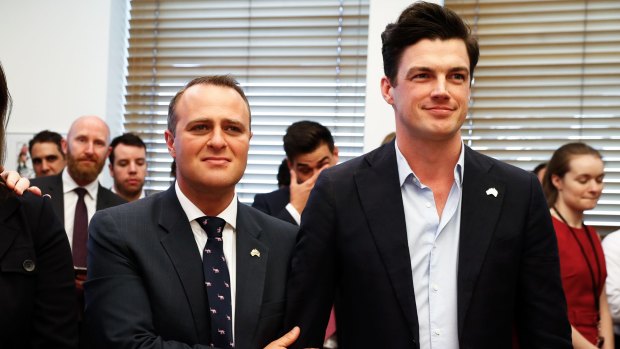 Liberal MP Tim Wilson with his partner Ryan Bolger waiting for the result of the same-sex marriage postal survey was announced, during a gathering at Senator Simon Birmingham's office at Parliament House on November 15. 