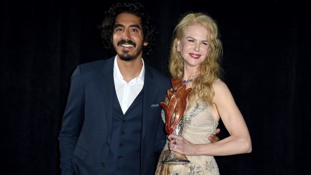 Nicole Kidman, winner of the international star award for <i>Lion</i>, and presenter Dev Patel backstage at the 28th annual Palm Springs International Film Festival Awards Gala on January 2. Both are nominated for Golden Globes for their work in the film.