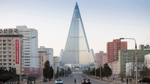 The city centre of Pyongyang with the giant Ryugyong hotel.