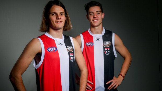 St Kilda's pair of top-10 selections Hunter Clark (left) and Nicholas Coffield.