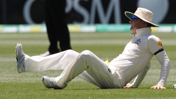 Painful moment: Michael Clarke injures his hamstring at Adelaide Oval.