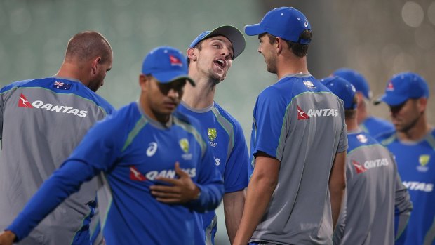 Laughing matter: Mitchell Marsh shares a joke in the lead-up to Australia's World T20 opener.