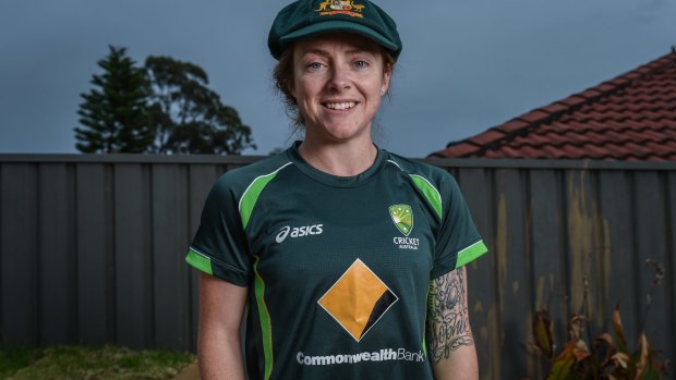 Southern Stars cricketer Sarah Coyte in the Mount Annan backyard in which she honed her skills with her brothers, Scott and Adam.