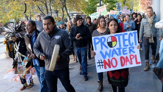 Protesters march in Salt Lake City in support of the Standing Rock Sioux against the Dakota Access Pipeline. 