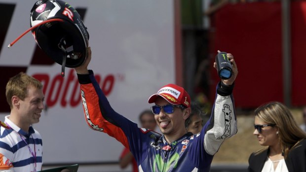 Yamaha MotoGP rider Jorge Lorenzo reacts after winning the Czech Grand Prix.