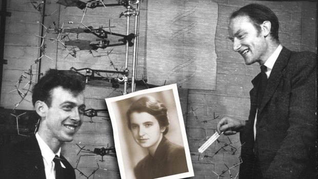 A photo-illustration featuring Nobel Prize winners (for medicine) James Watson (left) and Francis Crick with scientist Rosalind Franklin who almost beat Watson and Crick in determining the structure of DNA.