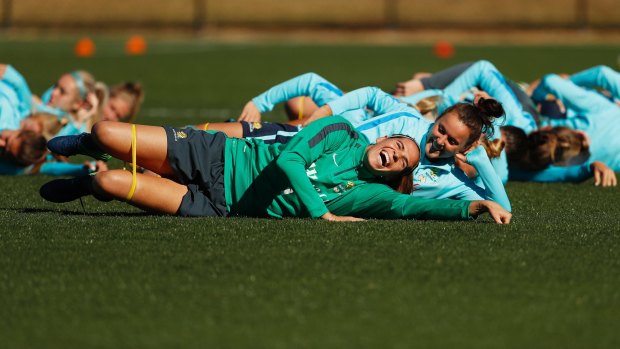 Goalkeeper Lydia Williams has a laugh at a recent Matildas training session.