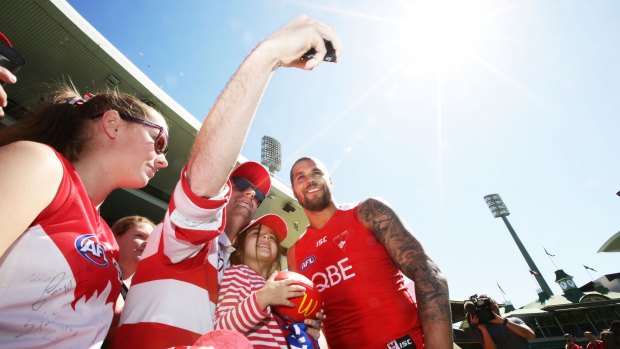 Lance Franklin of the Swans with fans during a Sydney Swans AFL training session.