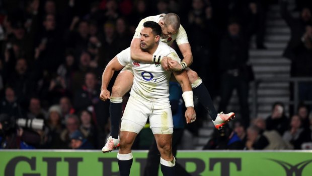 Impact player: Former NRL star Ben Te'o celebrates a try for England.