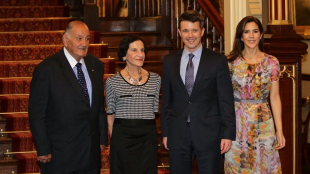 Sir Nicholas Shehadie  and Prof Marie Bashir, Governor of NSW, meet Denmark's Prince Frederik and Crown Princess Mary at Government House in 2011.