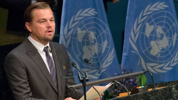 Leonardo DiCaprio speaks during the Paris Agreement on climate change ceremony at UN headquarters.