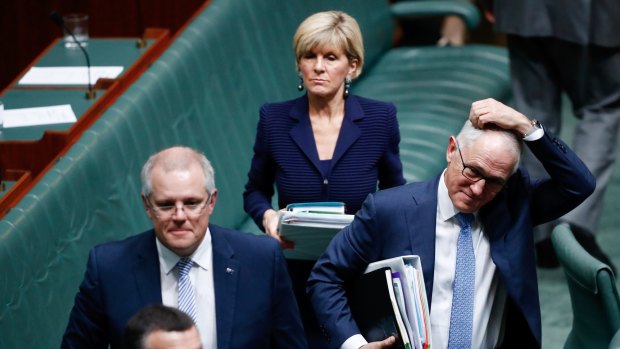 Treasurer Scott Morrison, Foreign Affairs Minister Julie Bishop and Prime Minister Malcolm Turnbull leave question time on Wednesday.