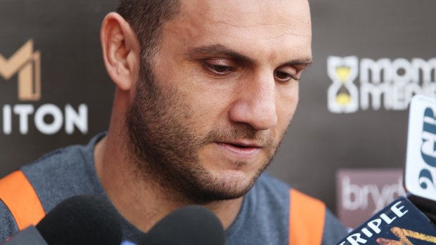 Facing the media: Robbie Farah on Wednesday morning after being told he is no longer wanted by Wests Tigers.
