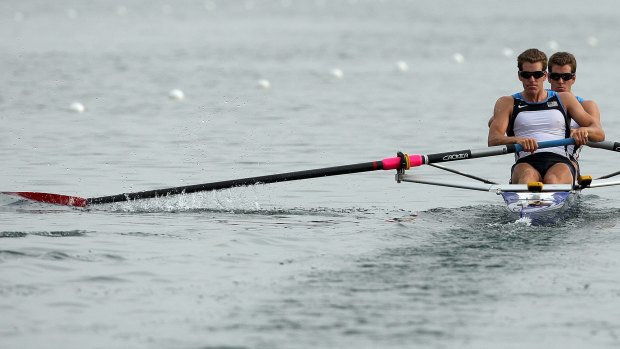 America's Tyler and Cameron Winklevoss power in the men's pair final at the Shunyi Rowing and Canoeing Park during the 2008 Beijing Olympic Games in Beijing.