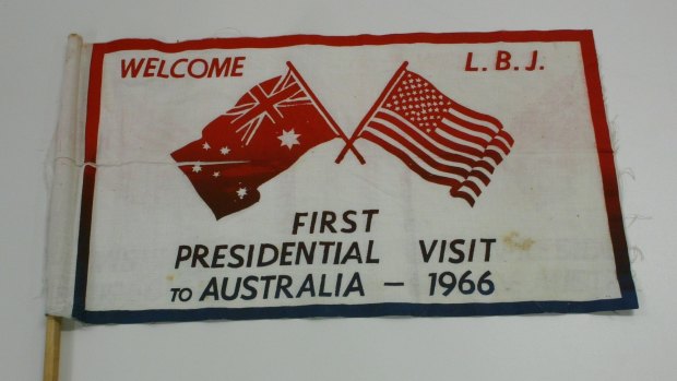 A welcome flag  for US President Lydon Johnson, 1966. Anti-war protesters were not so pleased to see him. 