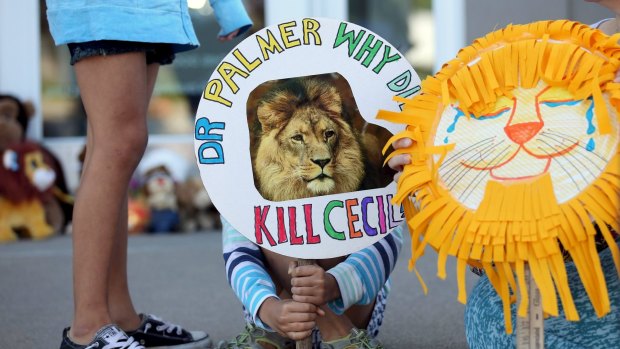 Piper Hoppe, 10, from Minnetonka, Minnesota, holds a sign at the doorway of Dr Walter Palmer's dental clinic in protest against his killing of Cecil.