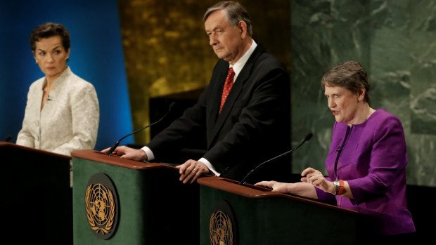 UN Development Program chief and former New Zealand prime minister Helen Clark (right) speaks during the debate as former UN climate chief Christiana Figueres and former Slovenian president Danilo Turk await their turn.