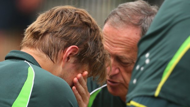 Ouch: Team doctor Peter Brukner checks Shane Watson after the knock.