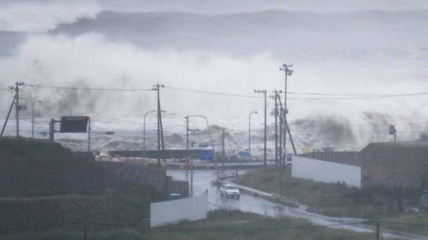 Waves crash against the coast in Ishinomaki, Miyagi prefecture, on Tuesday.