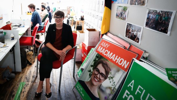 Greens candidate for South Brisbane, Amy MacMahon, in her campaign office.