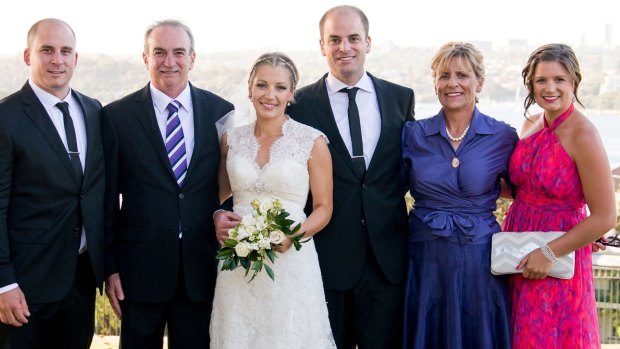 Chris Noble (far left) at a family wedding. The 27-year-old was killed in an explosion in Rozelle.  