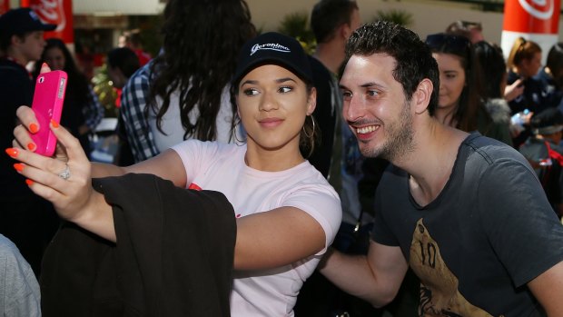 The Inbetweeners 2 actor Blake Harrison poses with a fan at the Ekka.