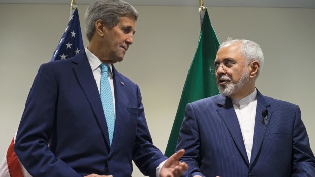 US Secretary of State John Kerry, left, meets with Iranian Foreign Minister Mohammad Javad Zarif at United Nations headquarters.