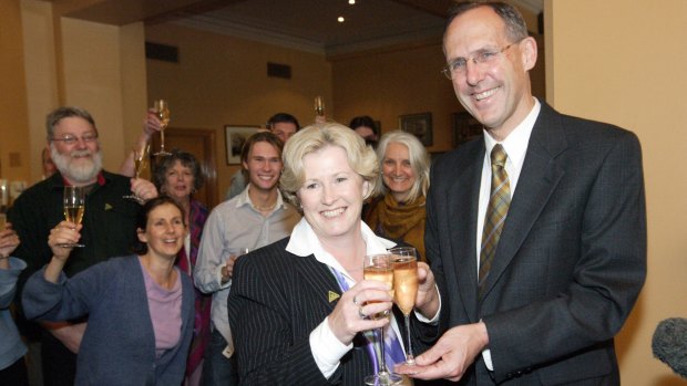 Christine Milne with Senator Bob Brown after  Christine Milne won her Senate seat in 2004.