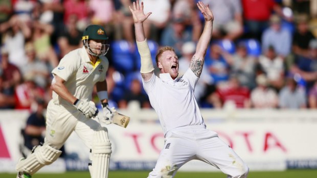 England's Ben Stokes unsuccessfully appeals for Australia's Shane Watson to be given out leg-before on day two of the first Ashes Test in Cardiff.