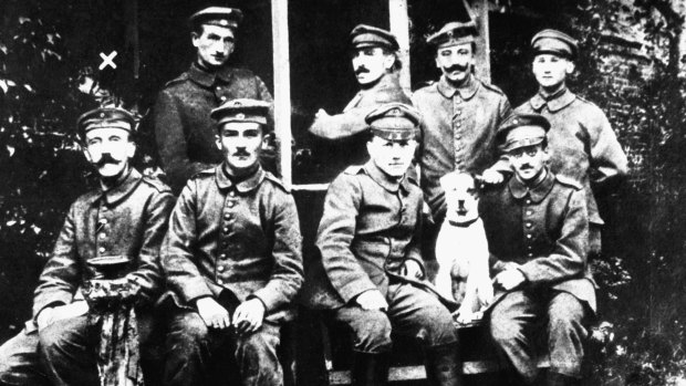 Adolf Hitler (far left), then 28, was a corporal at Flanders at the time the Hunter brothers arrived, but left shortly after on rest leave.