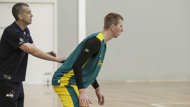 Boomers coach Andrej Lemanis (left) with Brock Motum during a training session in Melbourne.