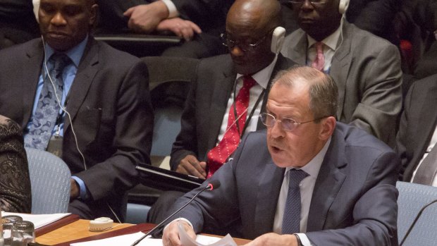 Russian Foreign Minister Sergei Lavrov addresses a gathering in the UN Security Council of foreign ministers following a vote on a draft resolution concerning Syria  on December 18.