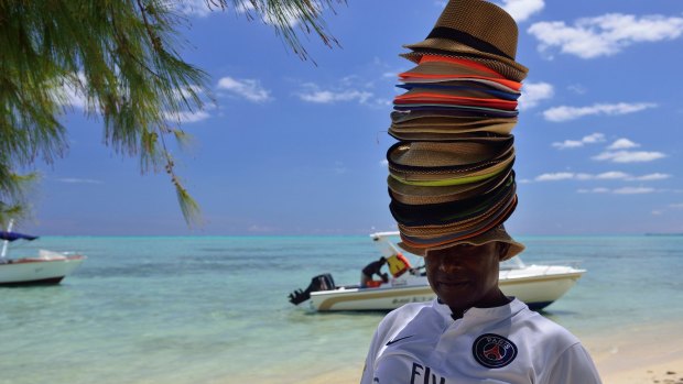Souvenir hats: An abundance of choice from this seller in Mauritius.
