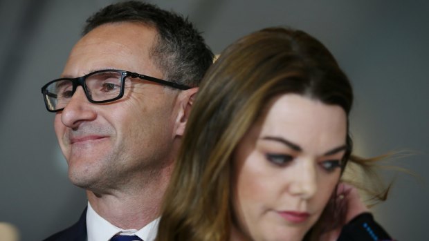 Senators Richard Di Natale and Sarah Hanson-Young address the media at Parliament House on Wednesday.