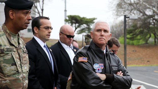 Mike Pence, right, at the truce village of Panmunjom in the Demilitarized Zone, South Korea.
