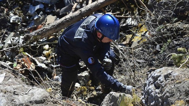 Body parts identified ... A French gendarme makes his way through debris from wreckage on the mountainside at the crash site of an Airbus A320, near Seyne-les-Alpes.