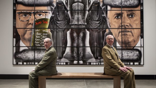 Back up in Australia: Gilbert & George, with a work from their 2013 Scapegoating Pictures series, at Hobart's Museum of Old and New Art.