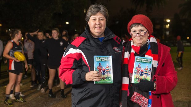 Leesa Catto and Yvette Wroby at St Kilda Sharks training with the inaugural Women's Footy Almanac.