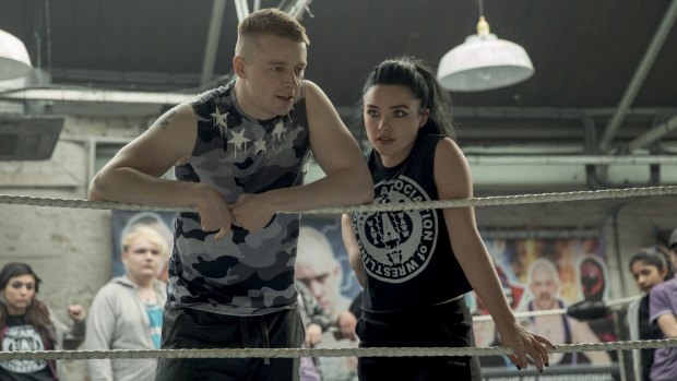 Jack Lowden (left) stars as Zak Knight and Florence Pugh (right) stars as Paige in Fighting with my Family, directed by Stephen Merchant.