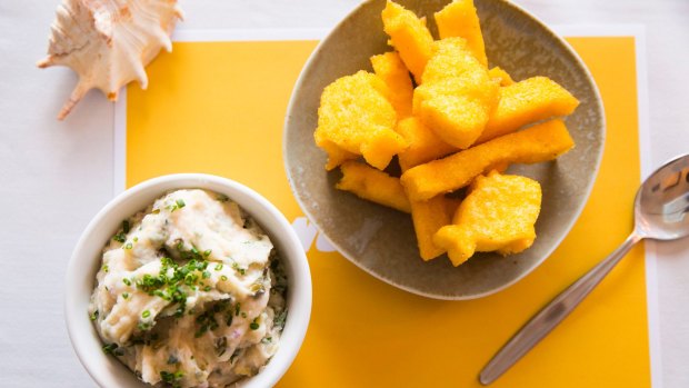 The Death to Nuggets take on fish and chips with crispy polenta chips shaped like fish and a trout dip. 