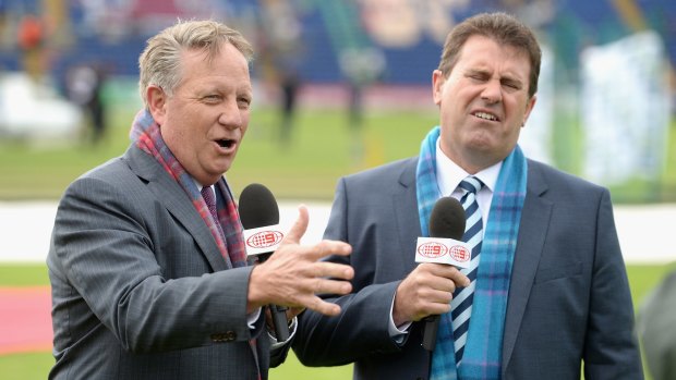 Channel Nine commentators Ian Healy and Mark Taylor during the first Test in Cardiff.