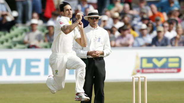 Fast and furious: Mitchell Johnson winds up against Kent.