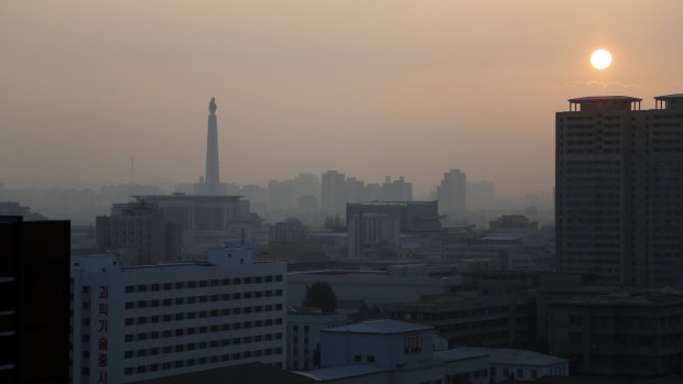 The sun rises over Pyongyang, North Korea.