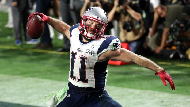 Julian Edelman of the New England Patriots celebrates a touchdown in the Super Bowl.