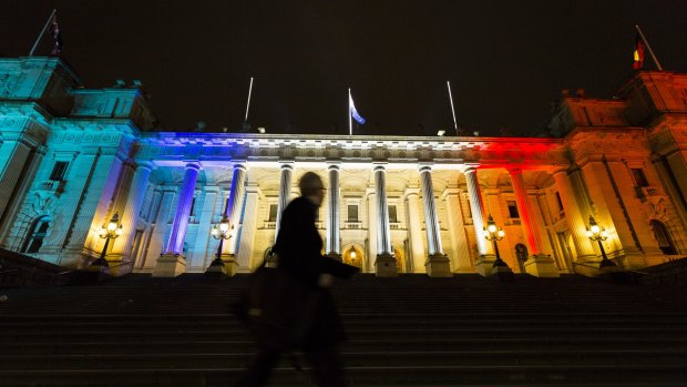 Parliament House in Melbourne illuminated with the colours of the French flag in light of the terror attack in Nice. 
