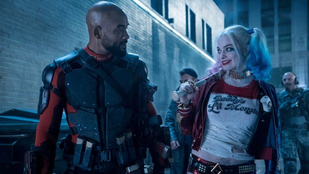 Will Smith as Deadshot and Margot Robbie as Harley Quinn in <i>Suicide Squad</i>.