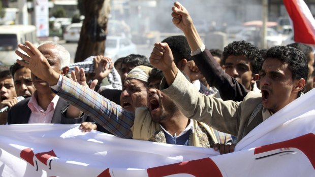 Protesters demonstrate against the deployment of armed militia of the Shiite Houthi movement in Sanaa last week.
